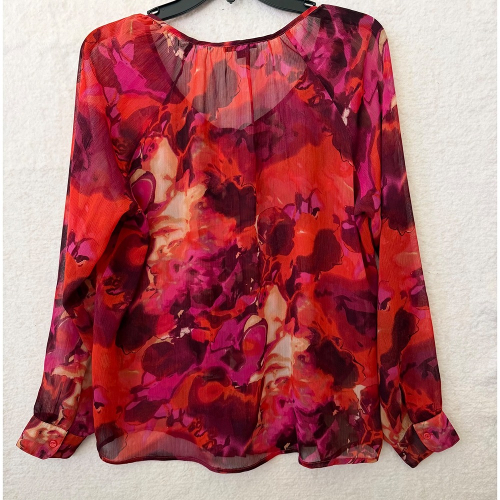 Milano Women Red/Orange Abstract Floral Chiffon Blouse Long Sleeve Tie Neck Sz M